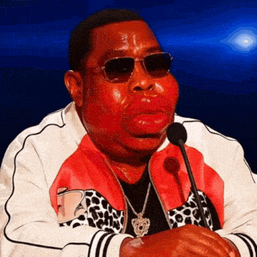 a man wearing sunglasses and a jacket with the letter r on it