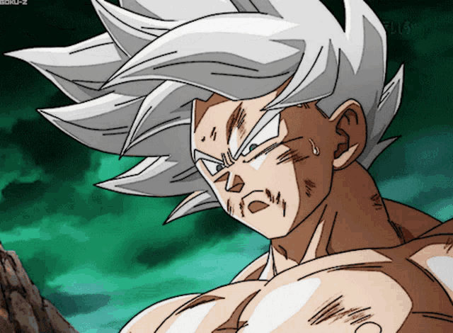 a drawing of a man with white hair and a green background that says goku-2