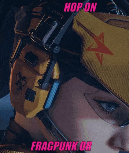 a close up of a person 's face with the words hop on fragpunk or written above it
