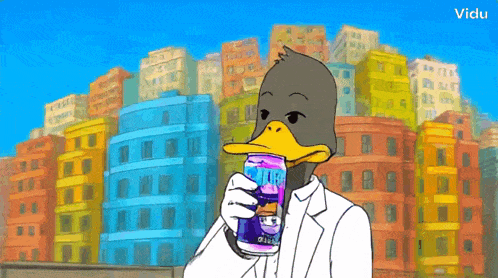 a cartoon of a duck drinking from a can with the word vidu on the bottom right