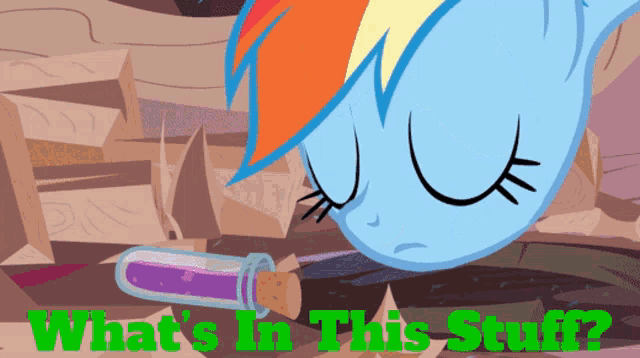 a cartoon of a pony with the words what 's in this stuff on the bottom