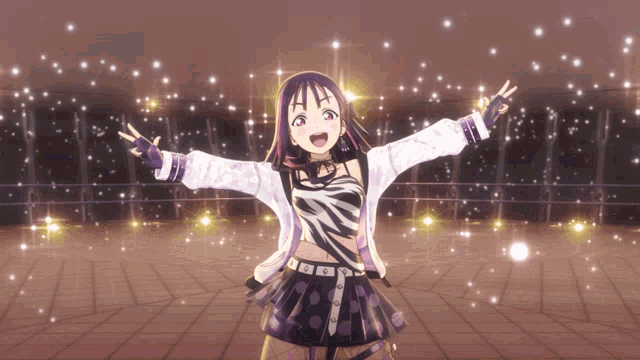 a girl in a zebra print top is giving a peace sign on a stage