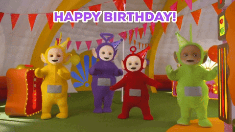 a group of teletubbies wearing party hats are dancing and saying happy birthday