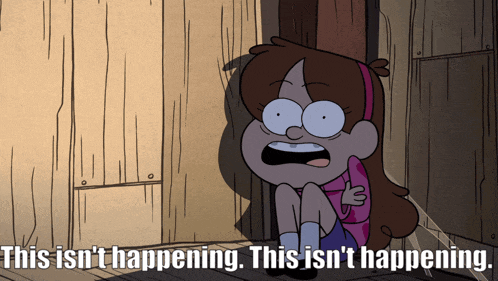 mabel from gravity falls is sitting in a corner with the words " this isn 't happening "