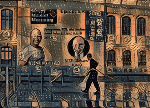 a painting of a man walking in front of a sign that says plastic 2000