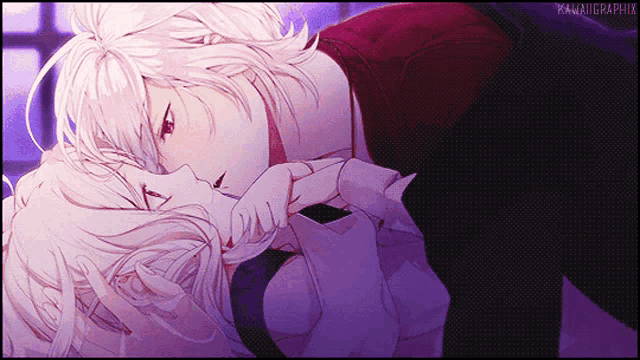 a man and a woman are kissing with a purple background that says kamaugraphik