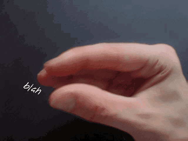 a close up of a person 's hand with the word blah written below it