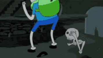 a cartoon character is dancing with a skeleton