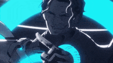 a man is holding a gun and smiling in a dark room with a blue light behind him .