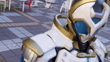 a white and gold robot is standing on a tiled walkway