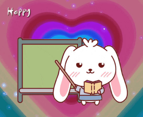 a cartoon of a bunny holding a book and pointing at a board with the word happy written on it