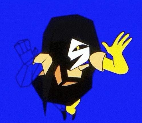 a cartoon character with long black hair and yellow gloves is waving at the camera on a blue background .