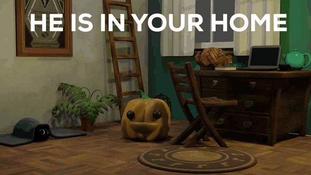 a room with a pumpkin on the floor and the words he is in your home above it