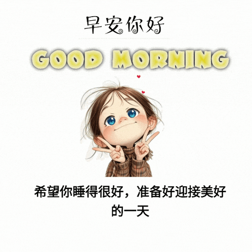 a cartoon girl giving a peace sign and the words good morning in yellow