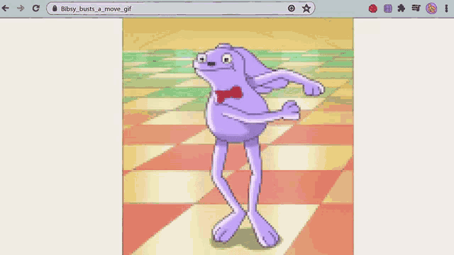a purple cartoon character with a red bow tie is dancing on a checkered floor .