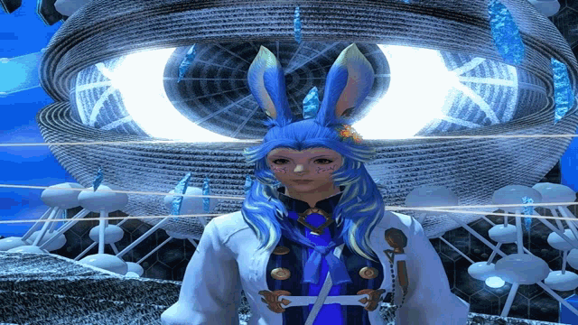 a woman with blue bunny ears is standing in front of a large eye