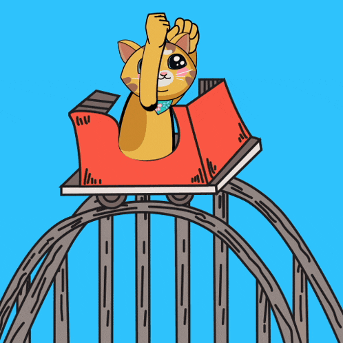 a cartoon cat is riding a roller coaster and giving the thumbs up sign