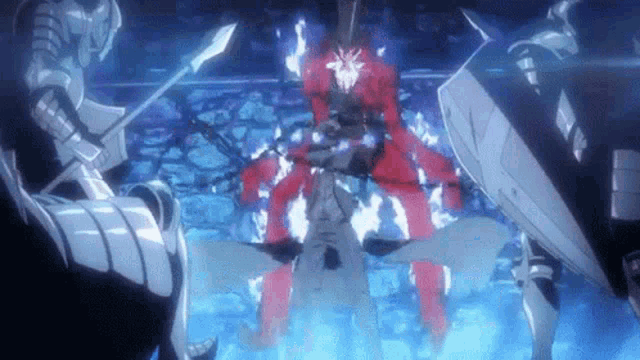 a group of anime characters are standing next to each other .