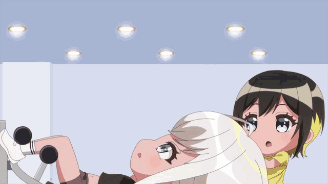 a girl with white hair is doing exercises on a machine