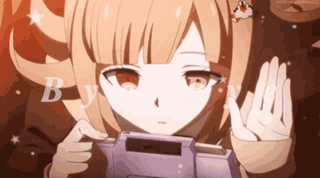 a girl is holding a video game controller with the words " bye bye " written on the bottom
