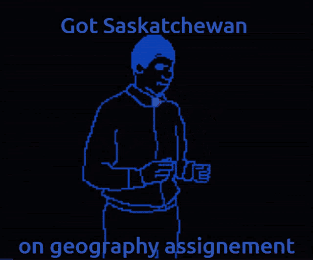 a pixelated image of a man with the caption got saskatchewan on geography assignment