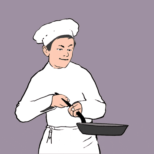 a cartoon drawing of a chef holding a frying pan
