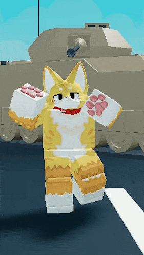 a cartoon cat is standing in front of a military tank