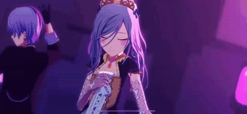 a girl with long blue hair is wearing a crown and gloves while dancing in a dark room .