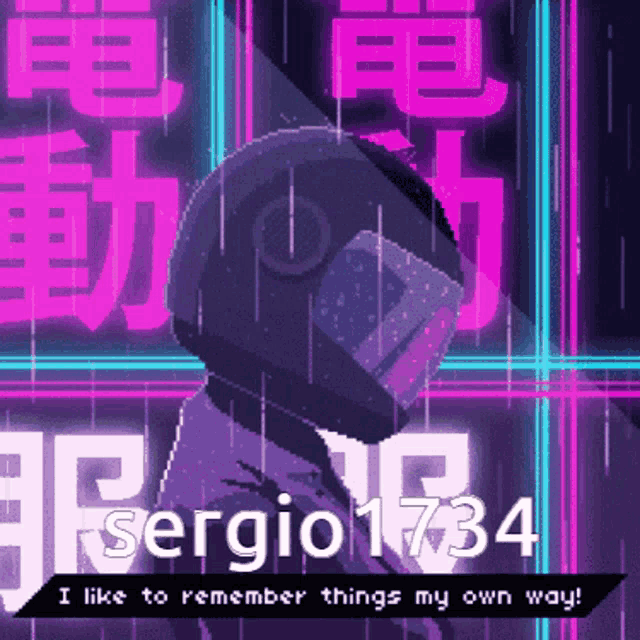 a pixel art of a man in a helmet with the name sergio 1734