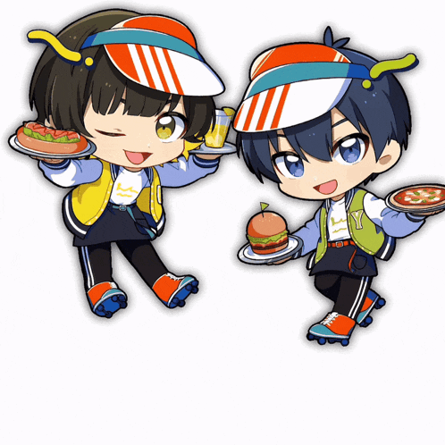 a boy and a girl are holding plates of food and drinks