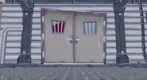 a cartoon drawing of a building with a pair of doors