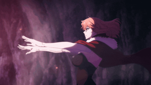 a woman with long red hair and a black cape reaches out her arms