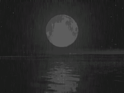 a black and white photo of a full moon over a body of water at night .