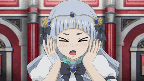 a girl with white hair and blue stones on her head makes a surprised face