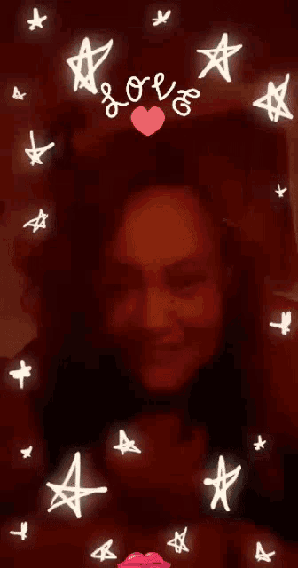 a woman is surrounded by stars and a heart with the word love written on it