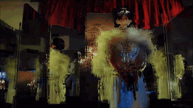 a painting of a woman in a white dress with feathers