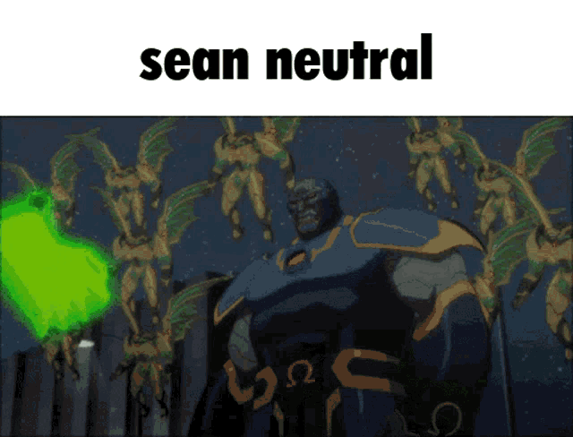a cartoon of a man standing in front of a bunch of monsters with the words sean neutral above him