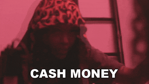 a woman in a hooded jacket is holding a ladder with the words cash money written below her
