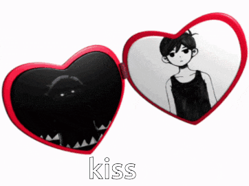 a heart shaped mirror with a drawing of a boy and the word kiss below it