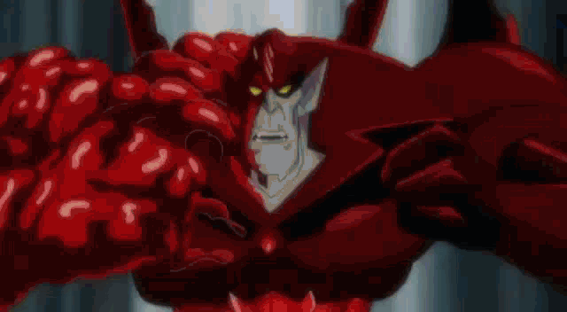 a cartoon of a red monster with horns and muscles .