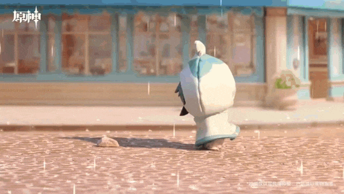 a cartoon character is standing in the rain on a brick sidewalk .