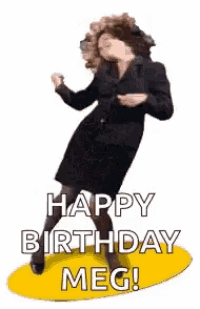 a woman in a black suit and skirt is dancing and saying `` happy birthday meg ! ''