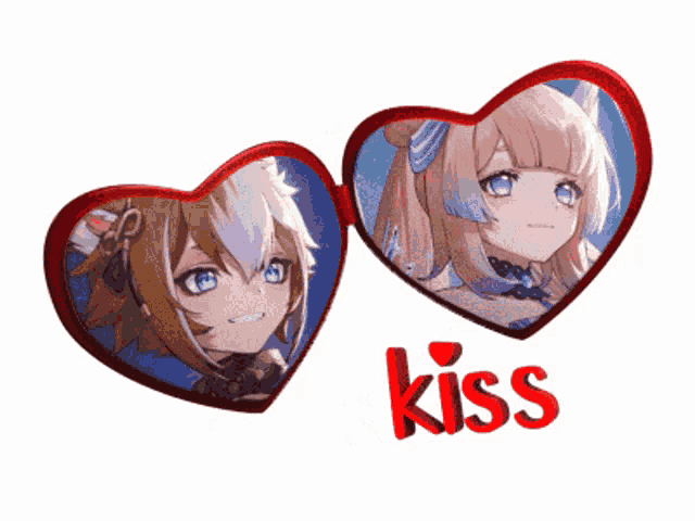 two anime hearts with the word kiss in red