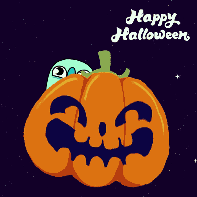 a cartoon owl sitting on top of a pumpkin with the words happy halloween on the bottom