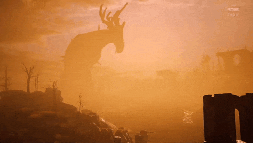 a video game screen shows a giant deer with antlers and the word future in the corner