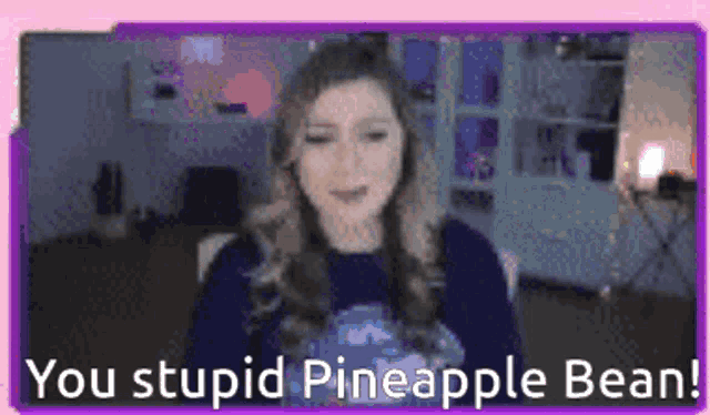 a woman is sitting in front of a computer screen with the words `` you stupid pineapple bean '' written above her .