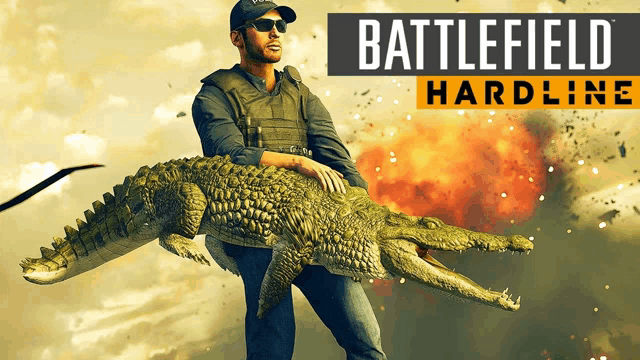 a battlefield hardline poster with a man carrying a large crocodile