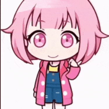 a cartoon girl with pink hair is wearing overalls and a pink coat .