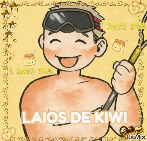 a cartoon of a shirtless man holding a surfboard with the words " laios de kiwi " written on the bottom