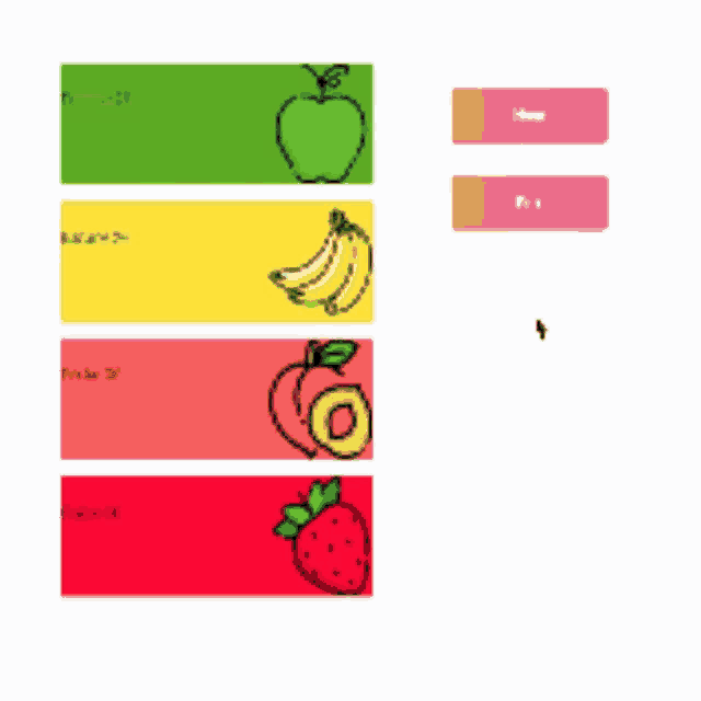 a banana a strawberry an apple and a peach are on a yellow red and green banner